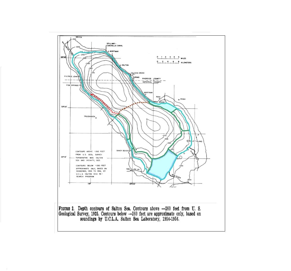 Depth contours of Salton Sea — USGS topographic map 1925, with UCLA soundings 1954–1956. Shows proposed perimeter lake areas highlighted in blue and green along shallow contours.